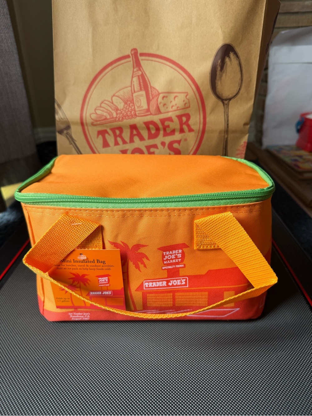 Brand New Trader Joe's Mini Insulated Tote Bag, Sunny Orange With Green Zipper